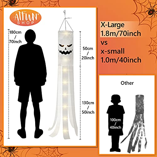 180CM Halloween Windsocks with Light 2 Sets Halloween Windsock Flags for Hanging Halloween Decoration Hanging Windsocks with Double Sides Ghost Design for Door Garden Window Yard Outdoor Decor