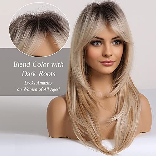 HAIRCUBE Long Blonde Wigs for Women Synthetic Hair Wig with Fringe Ombre Color