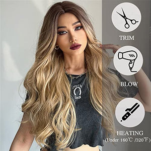 Esmee 24 Inches Long Wavy Mixed Silver Grey Synthetic Hair Wigs for Women Ombre Wig with Dark Roots for Daily Party Cosplay Use