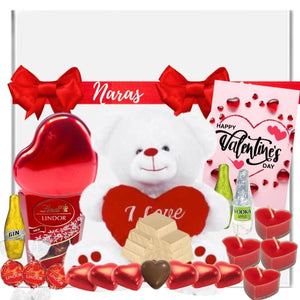 Valentines Hampers - Valentines Teddy for Her, Valentines Chocolate in Red Heart Tin, Lindt Chocolate, Heart Tealight Candles, Valentines Card - Valentines Sweets, Valentines Gifts for Her & Him