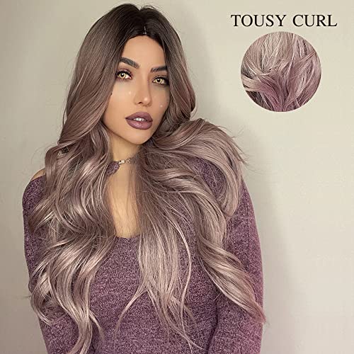 Esmee 24 Inches Long Wavy Mixed Silver Grey Synthetic Hair Wigs for Women Ombre Wig with Dark Roots for Daily Party Cosplay Use
