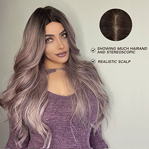 Esmee 24 Inches Long Wavy Mixed Silver Grey Synthetic Hair Wigs for Women Ombre Wig with Dark Roots for Daily Party Cosplay Use