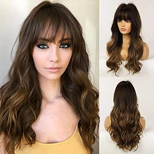 Esmee 24" Synthetic Wigs for Women Dark Roots Long Wig with Bangs Ombre Wavy Hair Realistic Simulation Scalp Middle Part