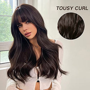 Esmee 24" Synthetic Wigs for Women Dark Roots Long Wig with Bangs Ombre Wavy Hair Realistic Simulation Scalp Middle Part