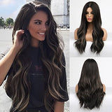 HAIRCUBE Long Curly Brown Wigs for Women Synthetic Hair Wig Middle Parting