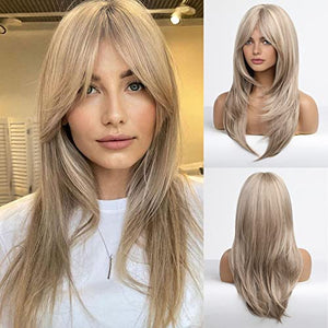 HAIRCUBE Long Blonde Wigs for Women Synthetic Hair Wig with Fringe Ombre Color