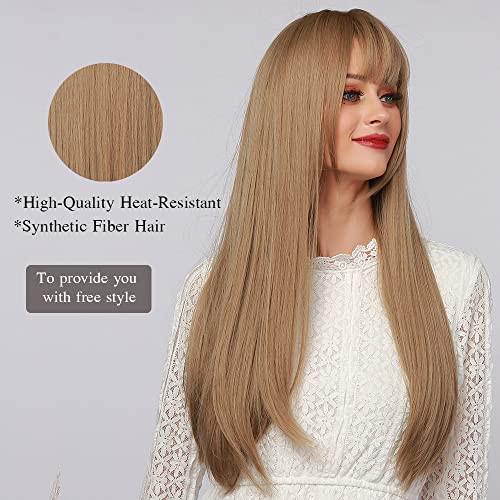 Esmee 24" Synthetic Wigs for Women Dark Roots Long Wig with Bangs Ombre Wavy Hair Realistic Simulation Scalp Middle Part