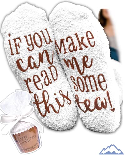 Birthday Gifts for Women “If You Can Read This Bring Me Some Tea! ” Funny Gifts for Her - Warm Fluffy Novelty Cupcake Socks Christmas Presents for Mum - Friendship Valentines, Mothers Day gifts ideas