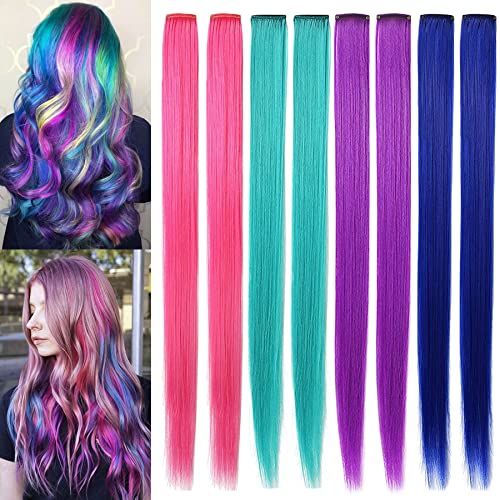 Rhyme Colored Hair Extensions Clip in For Girls Kids Women Hair Accessories Wig Hairpieces Christmas Halloween Gift birthday Cosplay Hairstyles 8 Pieces (Pink Purple Blue Teal)