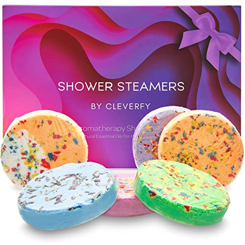 Cleverfy Shower Steamers Aromatherapy Christmas Gifts for Women - Pack of 6 Shower Bombs - Relaxation and Pamper Gifts for Women, Mum or Best Friend - Purple Gift Set with Lavender Essential Oils