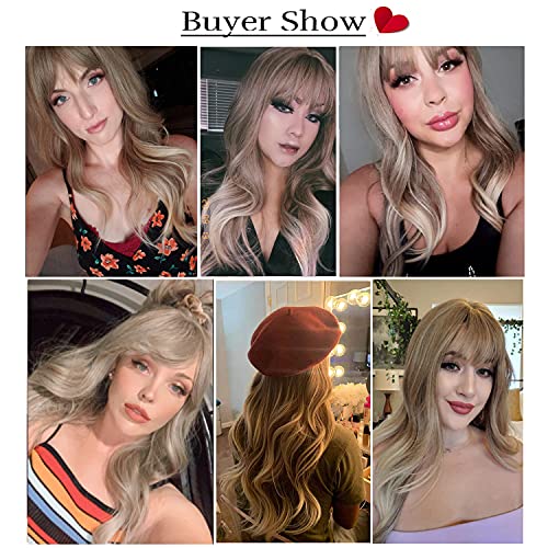 Esmee 24" Synthetic Wigs for Women Dark Roots Long Wig with Bangs Ombre Wavy Hair Realistic Simulation Scalp Middle Part