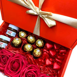 Valentines gifts for her Hamper chocolate & Roses Bouquet Gift Box Including Ferrero Rocher Chocolates, 5 Roses with stems, Love Heart Chocolates & Nutella Jars