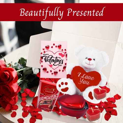 Valentines Hampers - Valentines Teddy for Her, Valentines Chocolate in Red Heart Tin, Lindt Chocolate, Heart Tealight Candles, Valentines Card - Valentines Sweets, Valentines Gifts for Her & Him