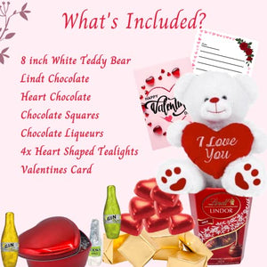 Valentines Hampers - Valentines Teddy for Her, Valentines Chocolate in Red Heart Tin, Lindt Chocolate, Heart Tealight Candles, Valentines Card - Valentines Sweets, Valentines Gifts for Her & Him