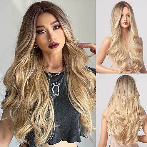 Esmee 24 Inches Long Wavy Mixed Silver Grey Synthetic Hair Wigs for Women Ombre Wig with Dark Roots for Daily Party Cosplay Use