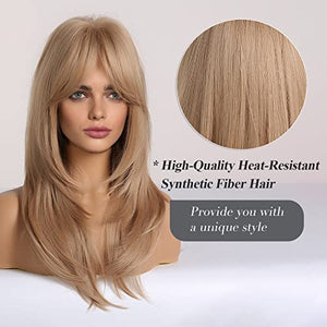 HAIRCUBE Long Blonde Wigs for Women Synthetic Hair Wig with Fringe Ombre Color