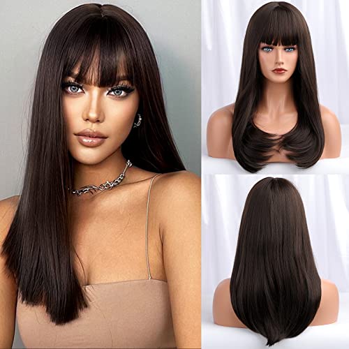 HAIRCUBE 20 Inch Nature Straight Ombre Wigs for White Women Black Root with Brown Hair Synthetic Wigs