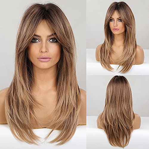 HAIRCUBE Long Blonde Wigs for Women Synthetic Hair Wig with Fringe Ombre Color