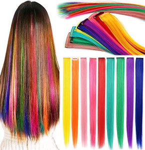 Rhyme Colored Hair Extensions Clip in For Girls Kids Women Hair Accessories Wig Hairpieces Christmas Halloween Gift birthday Cosplay Hairstyles 8 Pieces (Pink Purple Blue Teal)