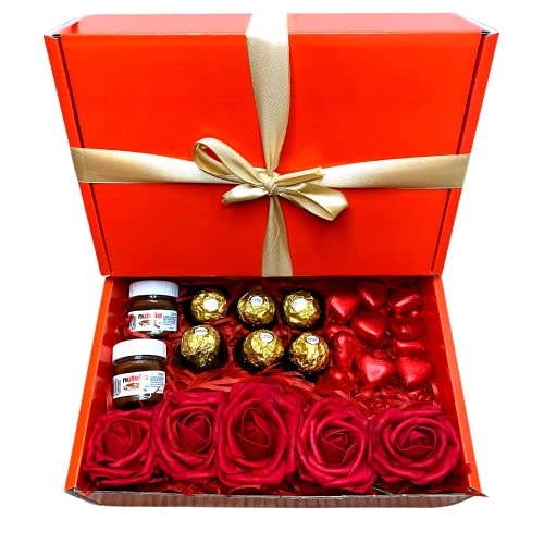 Valentines gifts for her Hamper chocolate & Roses Bouquet Gift Box Including Ferrero Rocher Chocolates, 5 Roses with stems, Love Heart Chocolates & Nutella Jars