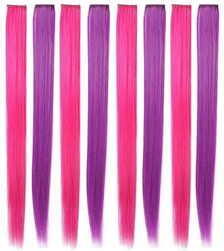 Rhyme Colored Hair Extensions Clip in For Girls Kids Women Hair Accessories Wig Hairpieces Christmas Halloween Gift birthday Cosplay Hairstyles 8 Pieces (Pink Purple Blue Teal)