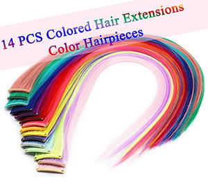 Rhyme Colored Hair Extensions Clip in For Girls Kids Women Hair Accessories Wig Hairpieces Christmas Halloween Gift birthday Cosplay Hairstyles 8 Pieces (Pink Purple Blue Teal)