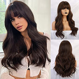 Esmee 24" Synthetic Wigs for Women Dark Roots Long Wig with Bangs Ombre Wavy Hair Realistic Simulation Scalp Middle Part