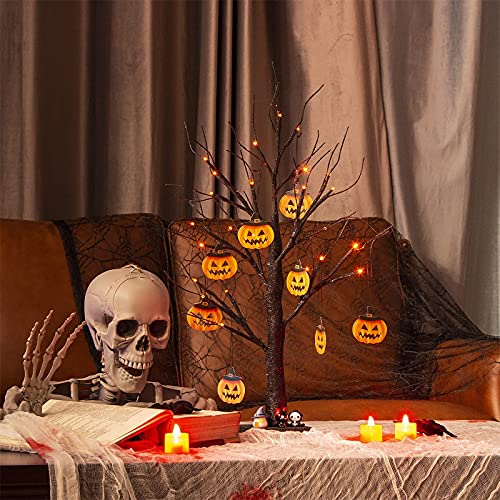 Eambrite Small Black Glitter Halloween Tree Light with 24 Orange LEDs Battery Operated Lighted Spooky Pumpkin Display Tree for Party Decoration