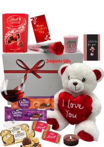 Valentine Hamper Gifts Chocolate Gift Include 1x Ferrero Rocher,1x Lindt Chocolates,1x Scented Candles Yankee Candle,Teddy Bear Love, Red Roses,&More-Best for Anniversary,Mother Days,Birthday.