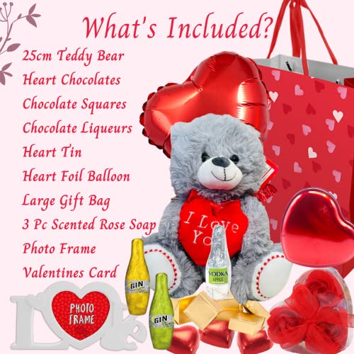 Valentines Gifts for Him - Large Valentines Teddy, Valentines Chocolates, Photo Frame, Foil Balloon, Large Gift Bag, Valentines Card - Valentines Hampers for Men, Boyfriend, Husband