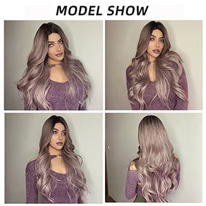 Esmee 24 Inches Long Wavy Mixed Silver Grey Synthetic Hair Wigs for Women Ombre Wig with Dark Roots for Daily Party Cosplay Use