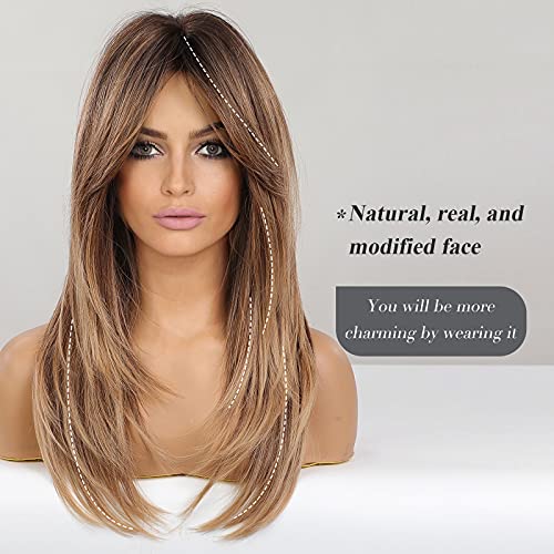 HAIRCUBE Long Blonde Wigs for Women Synthetic Hair Wig with Fringe Ombre Color