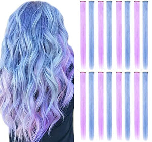 Rhyme Colored Hair Extensions Clip in For Girls Kids Women Hair Accessories Wig Hairpieces Christmas Halloween Gift birthday Cosplay Hairstyles 8 Pieces (Pink Purple Blue Teal)