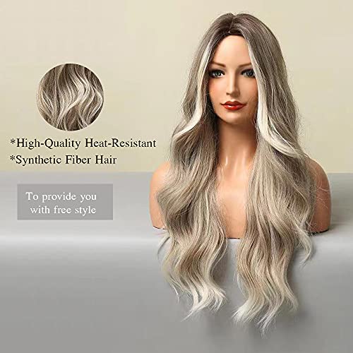 Esmee 24 Inches Long Wavy Mixed Silver Grey Synthetic Hair Wigs for Women Ombre Wig with Dark Roots for Daily Party Cosplay Use