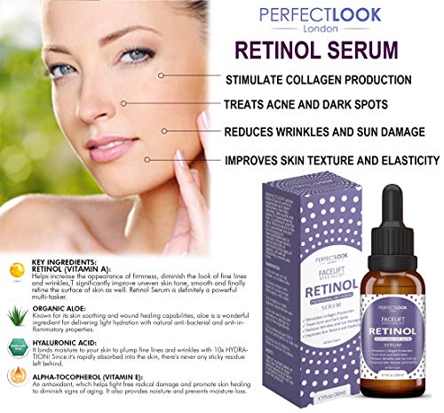 Retinol Serum High Strength with Hyaluronic Acid - FACELIFT SPECIALIST by PERFECT LOOK LONDON. Professional Anti Ageing and Anti Wrinkle for Face. Treats Acne Scars, Fine Lines and Dark Circles