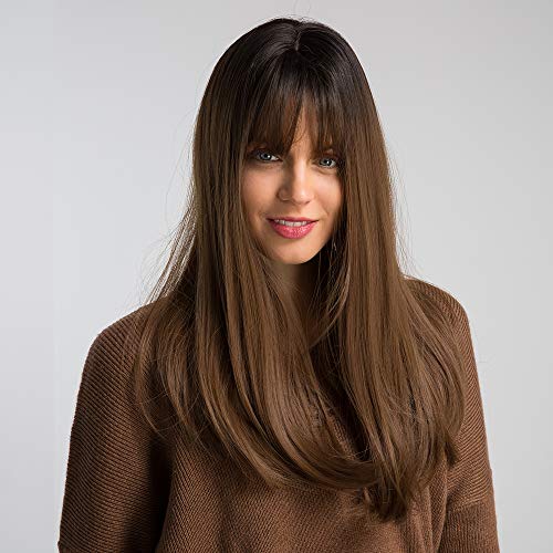 HAIRCUBE 20 Inch Nature Straight Ombre Wigs for White Women Black Root with Brown Hair Synthetic Wigs