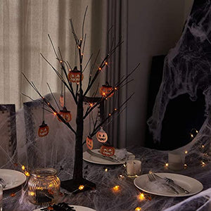 Eambrite Small Black Glitter Halloween Tree Light with 24 Orange LEDs Battery Operated Lighted Spooky Pumpkin Display Tree for Party Decoration