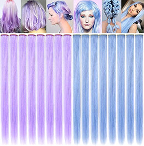 Rhyme Colored Hair Extensions Clip in For Girls Kids Women Hair Accessories Wig Hairpieces Christmas Halloween Gift birthday Cosplay Hairstyles 8 Pieces (Pink Purple Blue Teal)