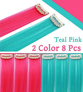 Rhyme Colored Hair Extensions Clip in For Girls Kids Women Hair Accessories Wig Hairpieces Christmas Halloween Gift birthday Cosplay Hairstyles 8 Pieces (Pink Purple Blue Teal)