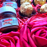 Valentines gifts for her Hamper chocolate & Roses Bouquet Gift Box Including Ferrero Rocher Chocolates, 5 Roses with stems, Love Heart Chocolates & Nutella Jars