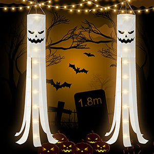 180CM Halloween Windsocks with Light 2 Sets Halloween Windsock Flags for Hanging Halloween Decoration Hanging Windsocks with Double Sides Ghost Design for Door Garden Window Yard Outdoor Decor