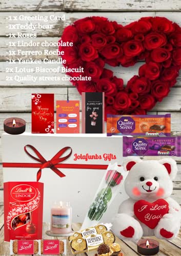 Valentine Hamper Gifts Chocolate Gift Include 1x Ferrero Rocher,1x Lindt Chocolates,1x Scented Candles Yankee Candle,Teddy Bear Love, Red Roses,&More-Best for Anniversary,Mother Days,Birthday.