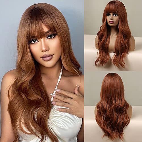 Esmee 24" Synthetic Wigs for Women Dark Roots Long Wig with Bangs Ombre Wavy Hair Realistic Simulation Scalp Middle Part