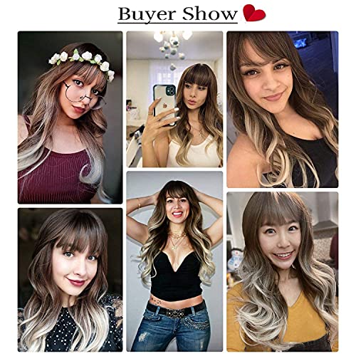 Esmee 24" Synthetic Wigs for Women Dark Roots Long Wig with Bangs Ombre Wavy Hair Realistic Simulation Scalp Middle Part