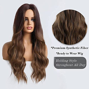 HAIRCUBE Long Curly Brown Wigs for Women Synthetic Hair Wig Middle Parting