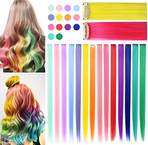 Rhyme Colored Hair Extensions Clip in For Girls Kids Women Hair Accessories Wig Hairpieces Christmas Halloween Gift birthday Cosplay Hairstyles 8 Pieces (Pink Purple Blue Teal)