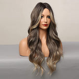 HAIRCUBE Long Curly Brown Wigs for Women Synthetic Hair Wig Middle Parting