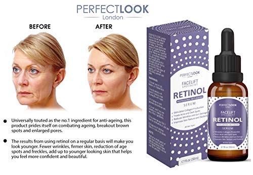 Retinol Serum High Strength with Hyaluronic Acid - FACELIFT SPECIALIST by PERFECT LOOK LONDON. Professional Anti Ageing and Anti Wrinkle for Face. Treats Acne Scars, Fine Lines and Dark Circles