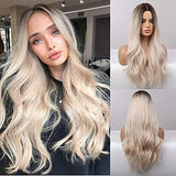 Esmee 24 Inches Long Wavy Mixed Silver Grey Synthetic Hair Wigs for Women Ombre Wig with Dark Roots for Daily Party Cosplay Use