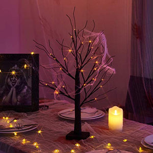 Eambrite Small Black Glitter Halloween Tree Light with 24 Orange LEDs Battery Operated Lighted Spooky Pumpkin Display Tree for Party Decoration